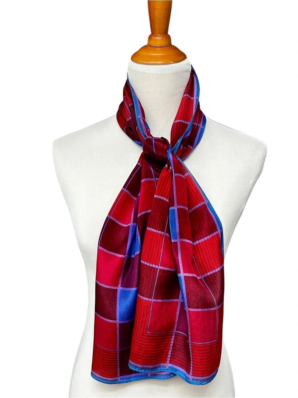 Liz Claiborne Silk Geometric Plaid Oblong Scarf Red Blue Purple Retro Fall Scarf
